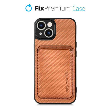 FixPremium - Carbon ovitek z denarnico MagSafe Wallet za iPhone 14 Plus, rjav