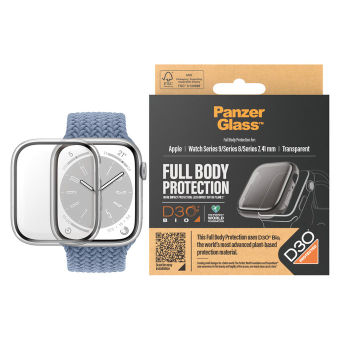 Kaljeno steklo Full Body D3O za Apple Watch 9/8/7 41 mm, Prozorna, PanzerGlass