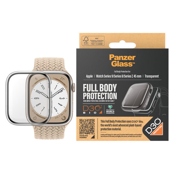 Kaljeno steklo Full Body D3O za Apple Watch 9/8/7 45 mm, Prozorna, PanzerGlass