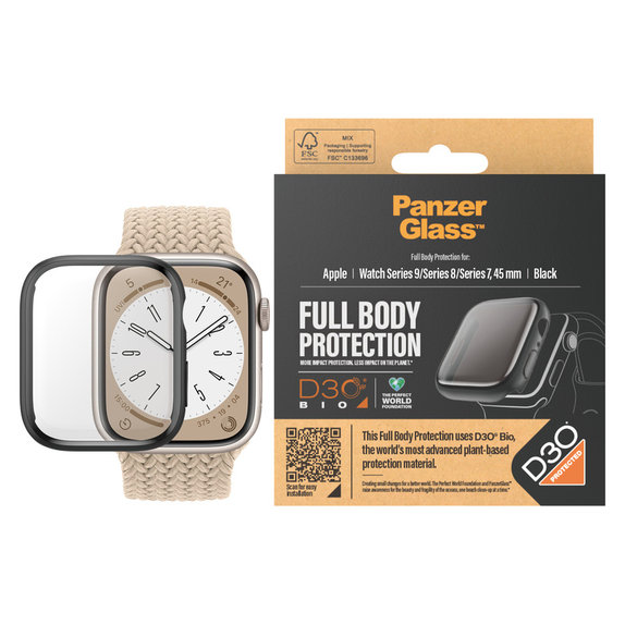 Kaljeno steklo Full Body D3O za Apple Watch 9/8/7 45 mm, Črna, PanzerGlass