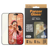 Kaljeno steklo UWF Eyecare z aplikatorjem za iPhone 15, Črna, PanzerGlass