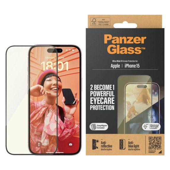 Kaljeno steklo UWF Eyecare z aplikatorjem za iPhone 15, Črna, PanzerGlass