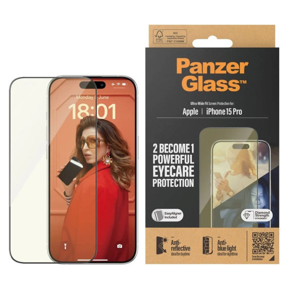 Kaljeno steklo UWF Eyecare z aplikatorjem za iPhone 15 Pro, Črna, PanzerGlass