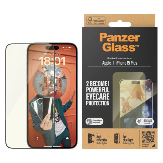 Kaljeno steklo UWF Eyecare z aplikatorjem za iPhone 15 Plus, Črna, PanzerGlass
