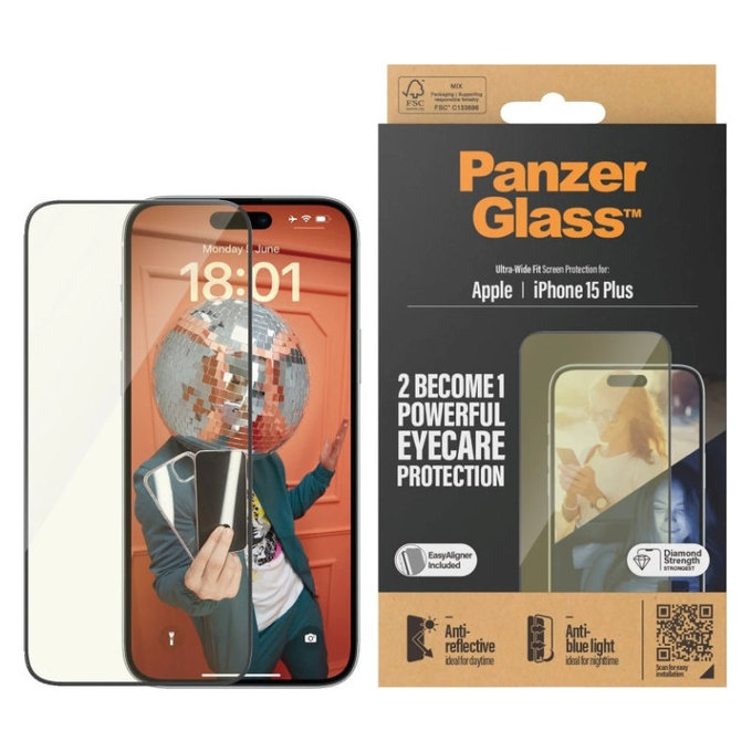 Kaljeno steklo UWF Eyecare z aplikatorjem za iPhone 15 Plus, Črna, PanzerGlass