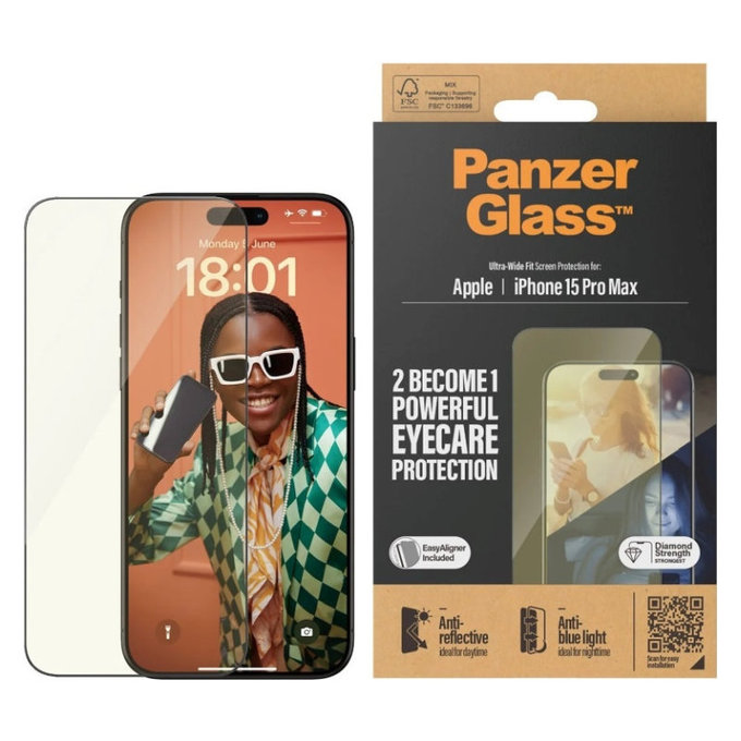 Kaljeno steklo UWF Eyecare z aplikatorjem za iPhone 15 Pro Max, Črna, PanzerGlass
