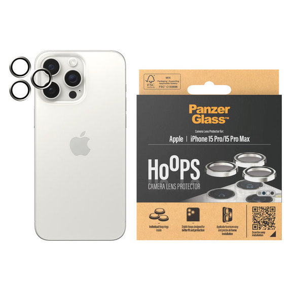 Zaščita objektiva kamere Hoops za iPhone 15 Pro/15 Pro Max, White Metal, PanzerGlass