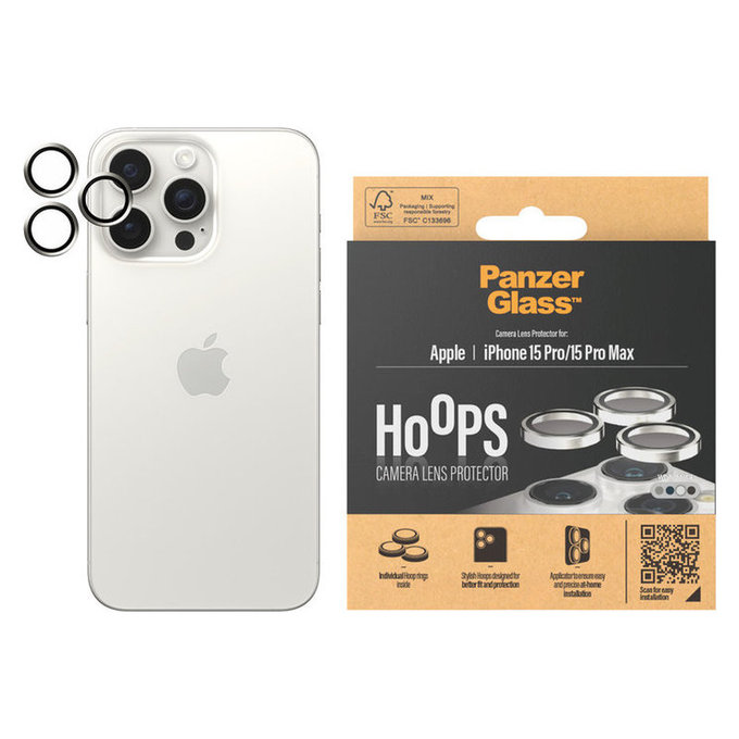 Zaščita objektiva kamere Hoops za iPhone 15 Pro/15 Pro Max, White Metal, PanzerGlass
