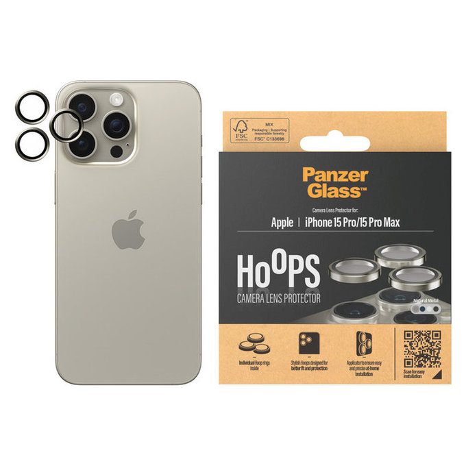 Zaščita objektiva kamere Hoops za iPhone 15 Pro/15 Pro Max, Natural Metal, PanzerGlass