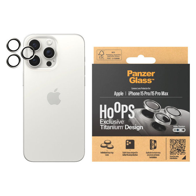 Zaščita objektiva kamere Hoops za iPhone 15 Pro/15 Pro Max, White Titanium, PanzerGlass