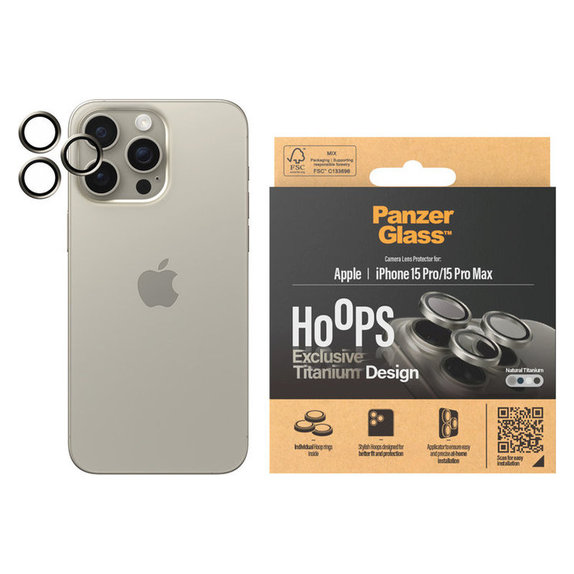 Zaščita objektiva kamere Hoops za iPhone 15 Pro/15 Pro Max, Natural Titanium, PanzerGlass