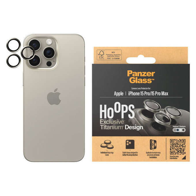 Zaščita objektiva kamere Hoops za iPhone 15 Pro/15 Pro Max, Natural Titanium, PanzerGlass