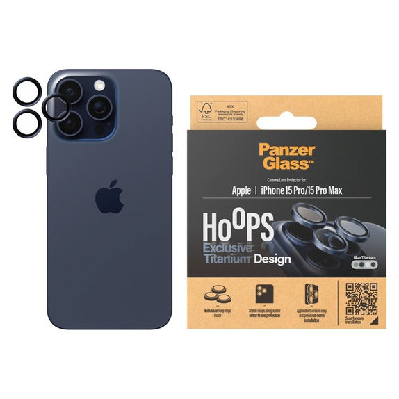 Zaščita objektiva kamere Hoops za iPhone 15 Pro/15 Pro Max, Blue Titanium, PanzerGlass