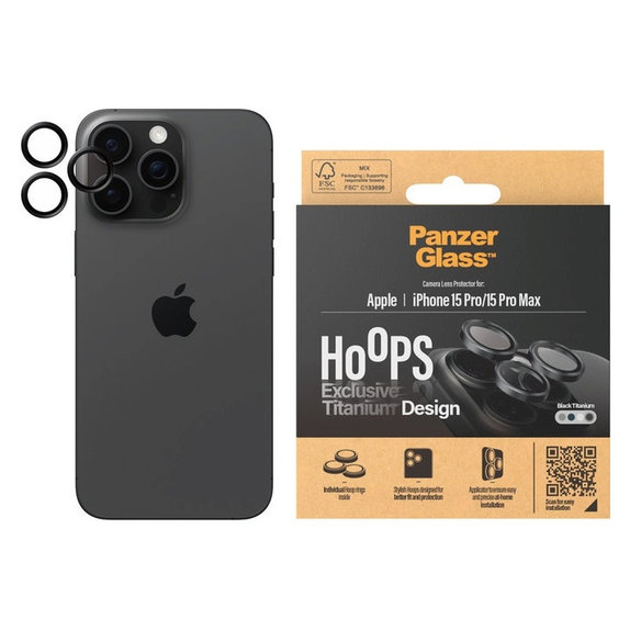 Zaščita objektiva kamere Hoops za iPhone 15 Pro/15 Pro Max, Black Titanium, PanzerGlass
