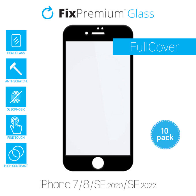 FixPremium FullCover Glass - Kaljeno steklo za iPhone 7, 8, SE 2020 i SE 2022 (10 Pack)