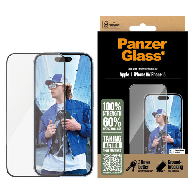 UWF kaljeno steklo z aplikatorjem za iPhone 16/15, Črna, PanzerGlass