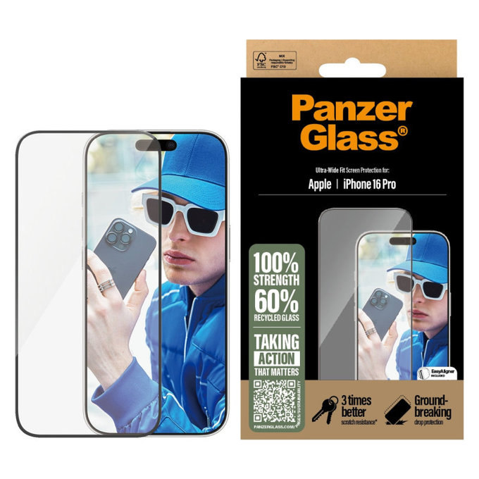 Kaljeno steklo UWF z aplikatorjem za iPhone 16 Pro, Črna, PanzerGlass