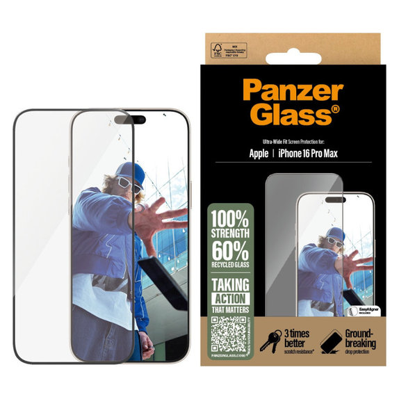 Kaljeno steklo UWF z aplikatorjem za iPhone 16 Pro Max, Črna, PanzerGlass