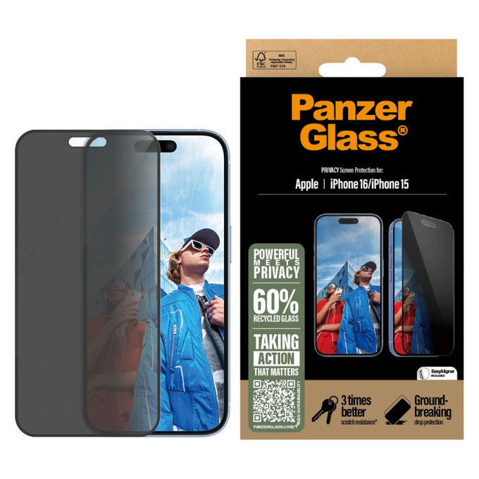 UWF Privacy kaljeno steklo z aplikatorjem za iPhone 16/15, Črna, PanzerGlass