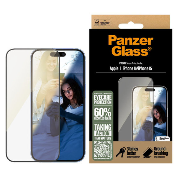 Kaljeno steklo UWF Eyecare z aplikatorjem za iPhone 16/15, Črna, PanzerGlass