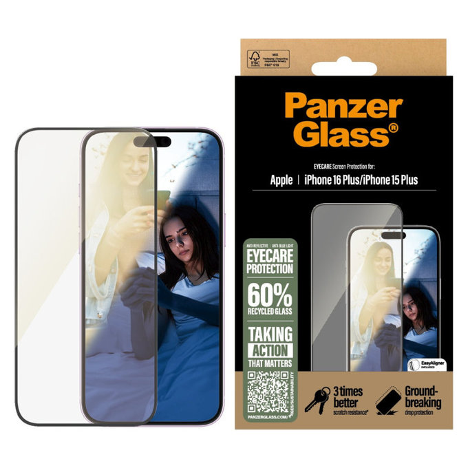 Kaljeno steklo UWF Eyecare z aplikatorjem za iPhone 16 Plus/15 Plus, Črna, PanzerGlass