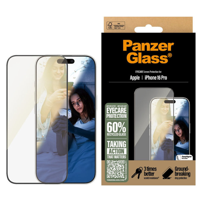 Kaljeno steklo UWF Eyecare z aplikatorjem za iPhone 16 Pro, Črna, PanzerGlass