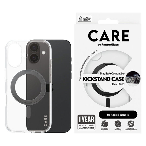 Ovitek Kickstand z MagSafe za iPhone 16, Črna, CARE