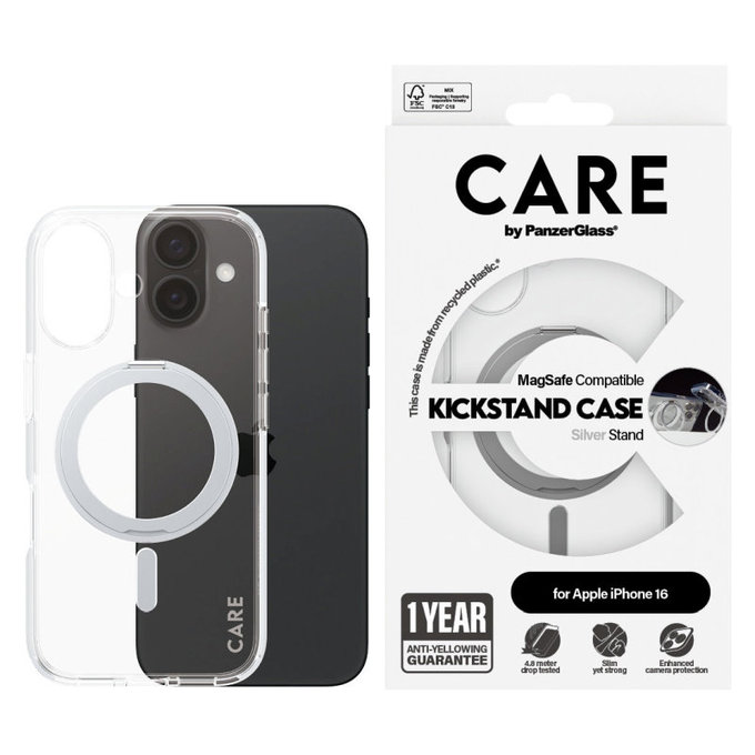Ovitek Kickstand z MagSafe za iPhone 16, Srebrna, CARE