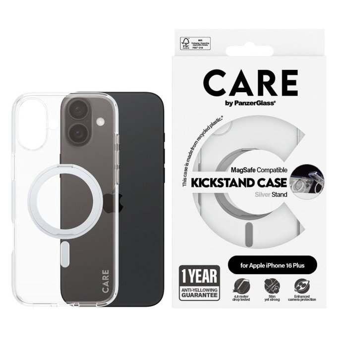 Ovitek Kickstand z MagSafe za iPhone 16 Plus, Srebrna, CARE