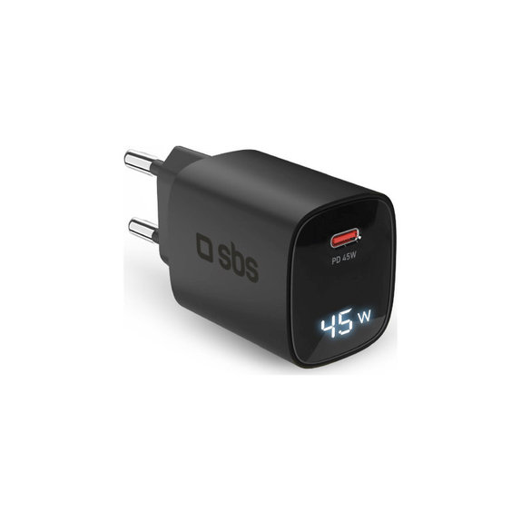 Potovalni adapter LCD USB-C, GaN, 45 W PD, črna, SBS