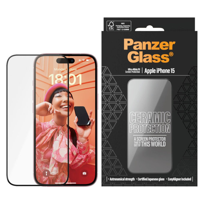 Kaljeno steklo UWF Ceramic z aplikatorjem za iPhone 15, Črna, PanzerGlass