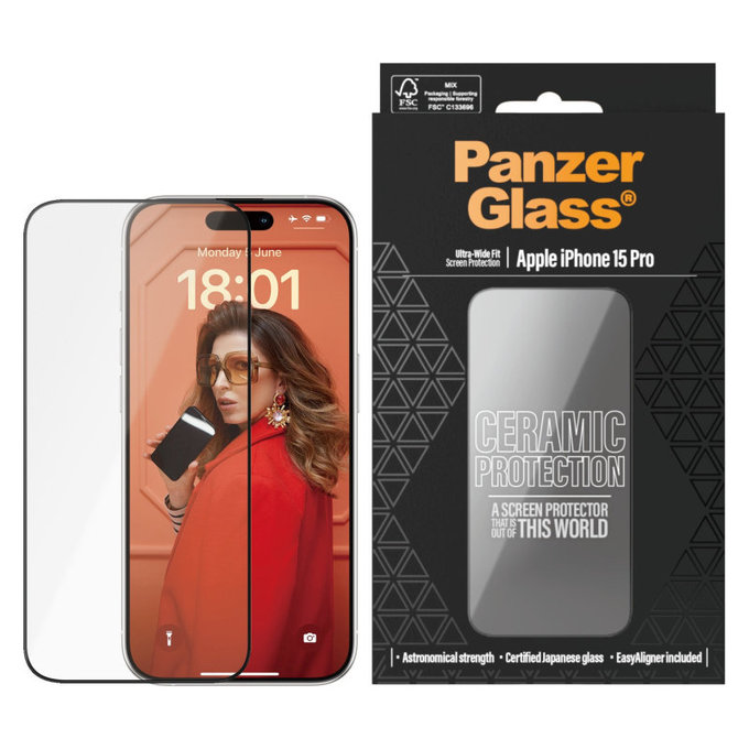 Kaljeno steklo UWF Ceramic z aplikatorjem za iPhone 15 Pro, Črna, PanzerGlass