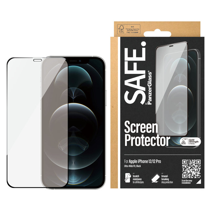 Kaljeno steklo Case Friendly za iPhone 12 Pro/12, Črna, SAFE by PanzerGlass