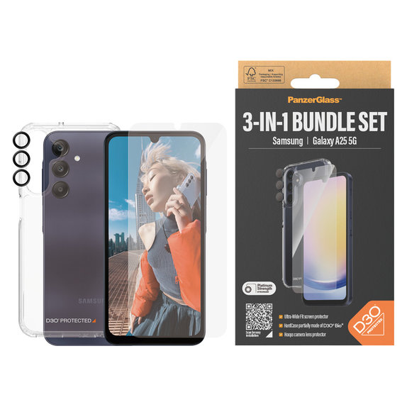 Bundle Hoops + Kaljeno steklo UWF + Hard Case D3O za Samsung Galaxy A25 5G, Prozorna, PanzerGlass