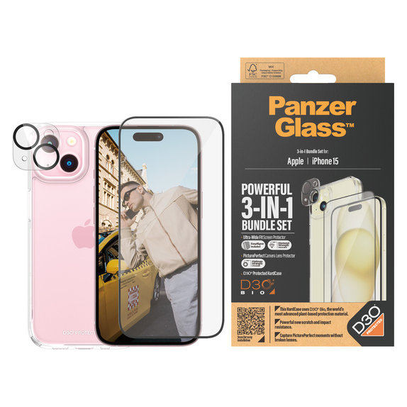 Bundle PicturePerfect + Kaljeno steklo UWF + Hard Case D3O za iPhone 15, PanzerGlass
