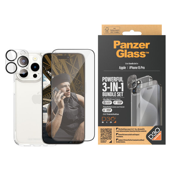 Bundle PicturePerfect + Kaljeno steklo UWF + Hard Case D3O za iPhone 15 Pro, PanzerGlass