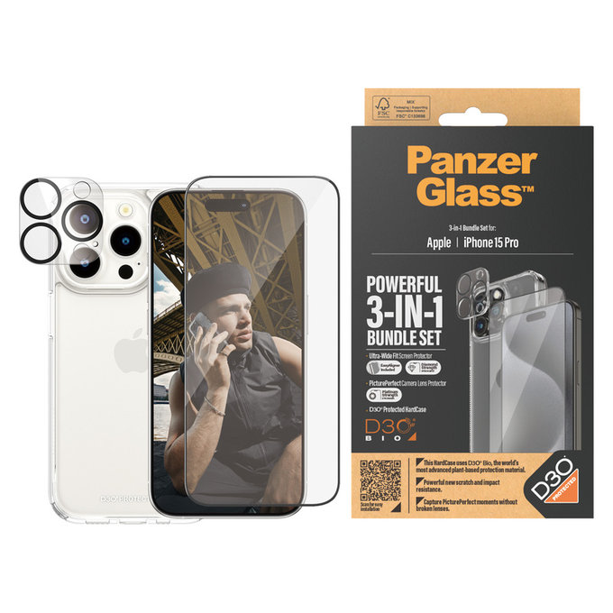 Bundle PicturePerfect + Kaljeno steklo UWF + Hard Case D3O za iPhone 15 Pro, PanzerGlass