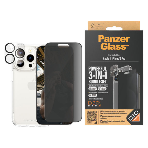Bundle PicturePerfect + Kaljeno steklo UWF Privacy + Hard Case D3O za iPhone 15 Pro, PanzerGlass