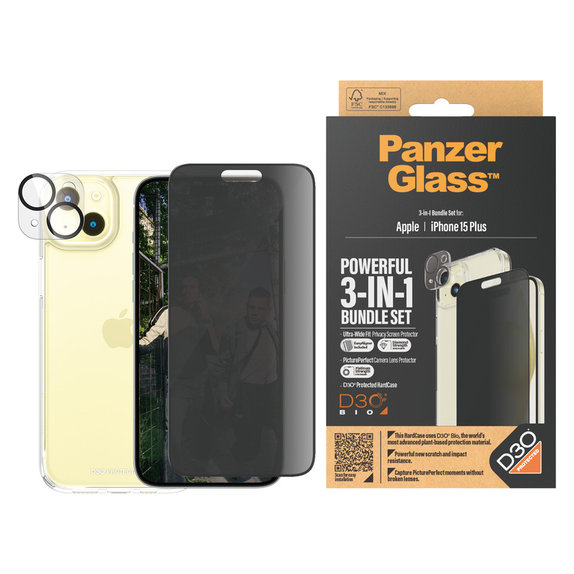Bundle PicturePerfect + Kaljeno steklo UWF Privacy + Hard Case D3O za iPhone 15 Plus, PanzerGlass