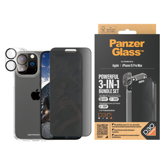 Bundle PicturePerfect + Kaljeno steklo UWF Privacy + Hard Case D3O za iPhone 15 Pro Max, PanzerGlass