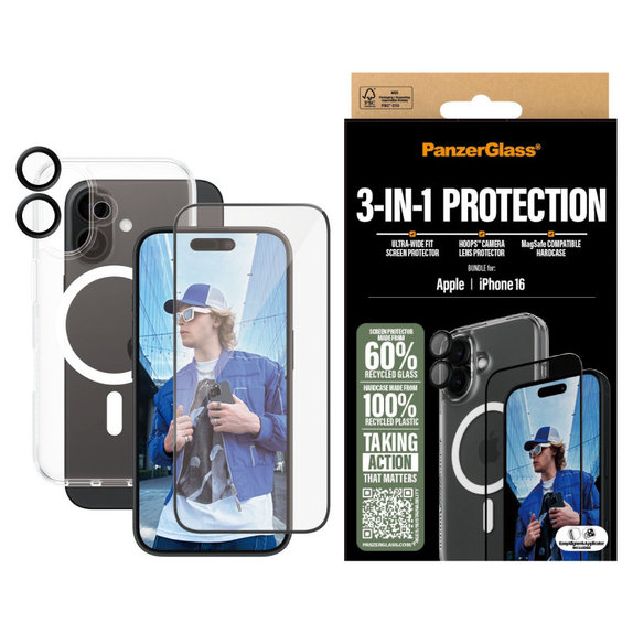 Bundle 3v1 Hoops + UWF kaljeno steklo + Hard Case za iPhone 16, PanzerGlass