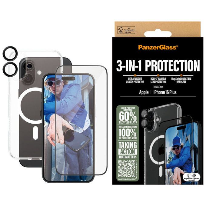Bundle Hoops + Kaljeno steklo UWF + Hard Case za iPhone 16 Plus, PanzerGlass