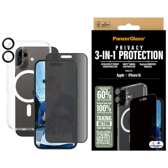 Bundle Hoops + Kaljeno steklo UWF Privacy + Hard Case za iPhone 16, PanzerGlass
