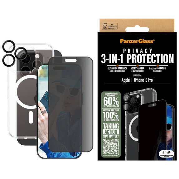Bundle Hoops + Kaljeno steklo UWF Privacy + Hard Case za iPhone 16 Pro, PanzerGlass