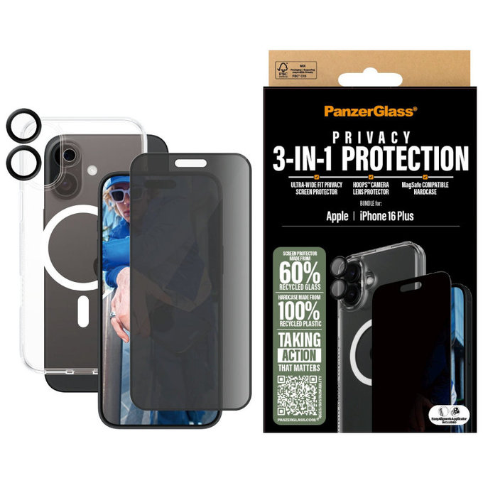Bundle Hoops + Kaljeno steklo UWF Privacy + Hard Case za iPhone 16 Plus, PanzerGlass