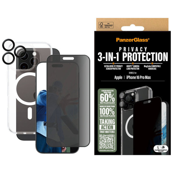Bundle Hoops + Kaljeno steklo UWF Privacy + Hard Case za iPhone 16 Pro Max, PanzerGlass