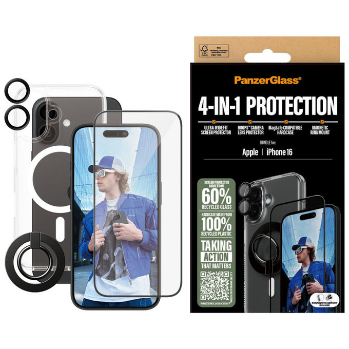 Bundle Hoops + Kaljeno steklo UWF + Hard Case + Magnetic Ring Mount za iPhone 16, PanzerGlass