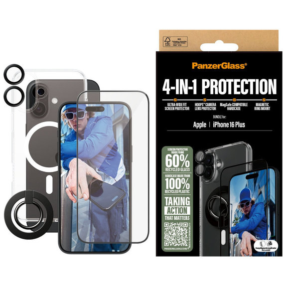 Bundle Hoops + Kaljeno steklo UWF + Hard Case + Magnetic Ring Mount za iPhone 16 Plus, PanzerGlass