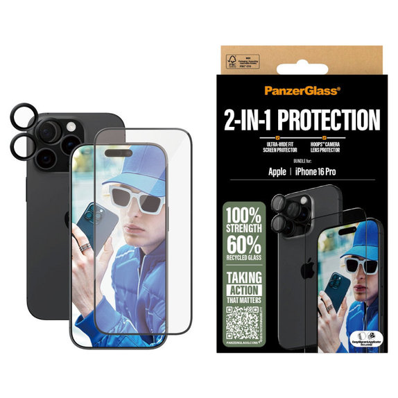 Bundle Hoops + UWF kaljeno steklo za iPhone 16 Pro, PanzerGlass