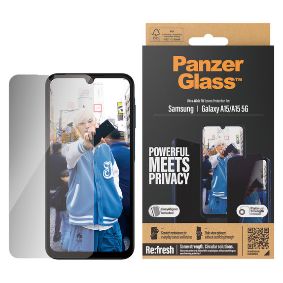 Kaljeno steklo UWF Privacy z aplikatorjem za Samsung Galaxy A15/A15 5G, Črna, PanzerGlass